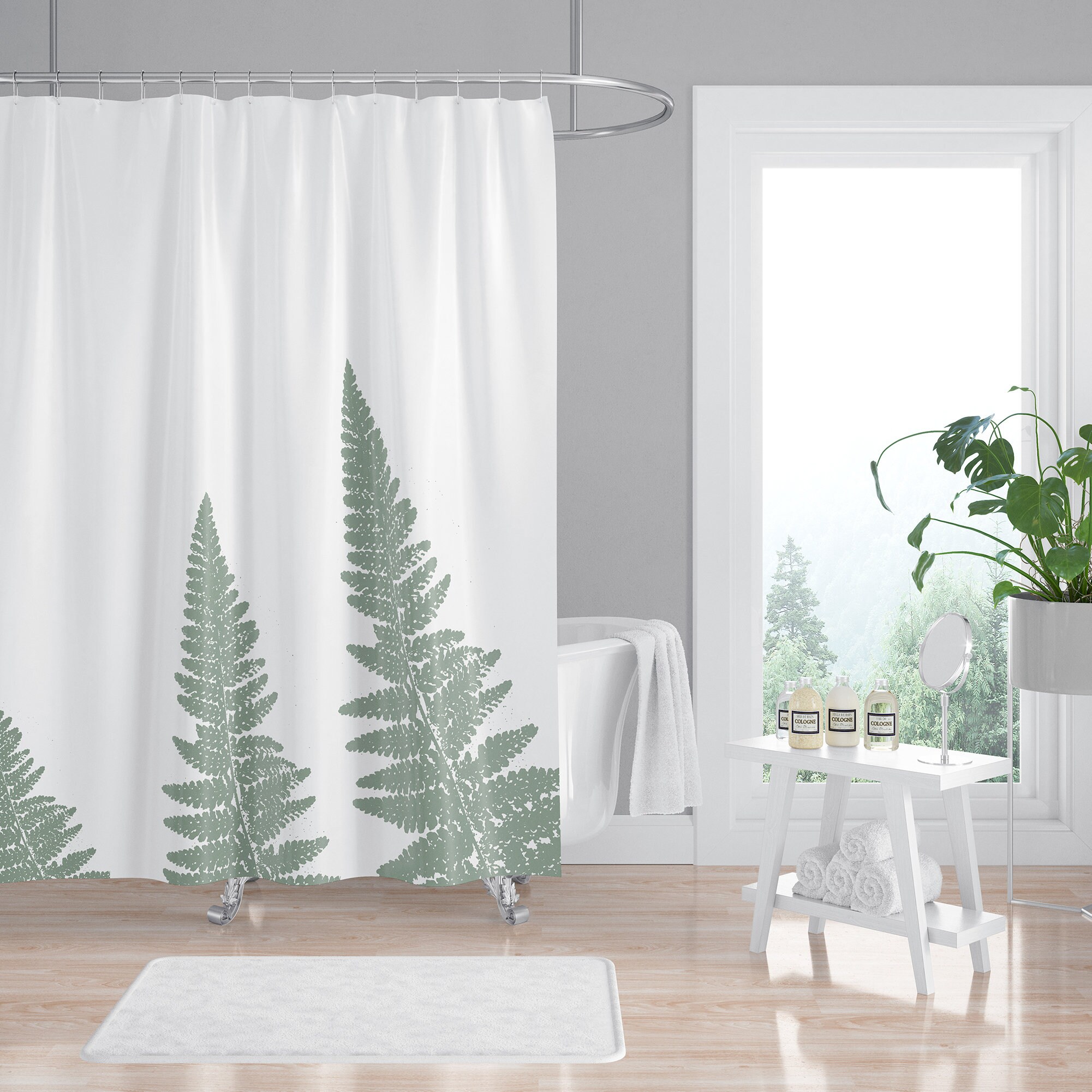 Refreshing Green Botanical Bath Shower Curtain With Woodland Ferns On White Background For Spa-Like Bathroom Decor