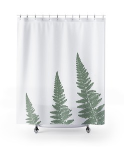 Refreshing Green Botanical Bath Shower Curtain With Woodland Ferns On White Background For Spa-Like Bathroom Decor