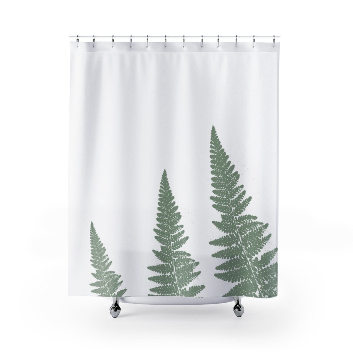 Refreshing Green Botanical Bath Shower Curtain With Woodland Ferns On White Background For Spa-Like Bathroom Decor