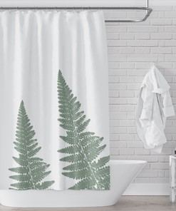 Refreshing Green Botanical Bath Shower Curtain With Woodland Ferns On White Background For Spa-Like Bathroom Decor