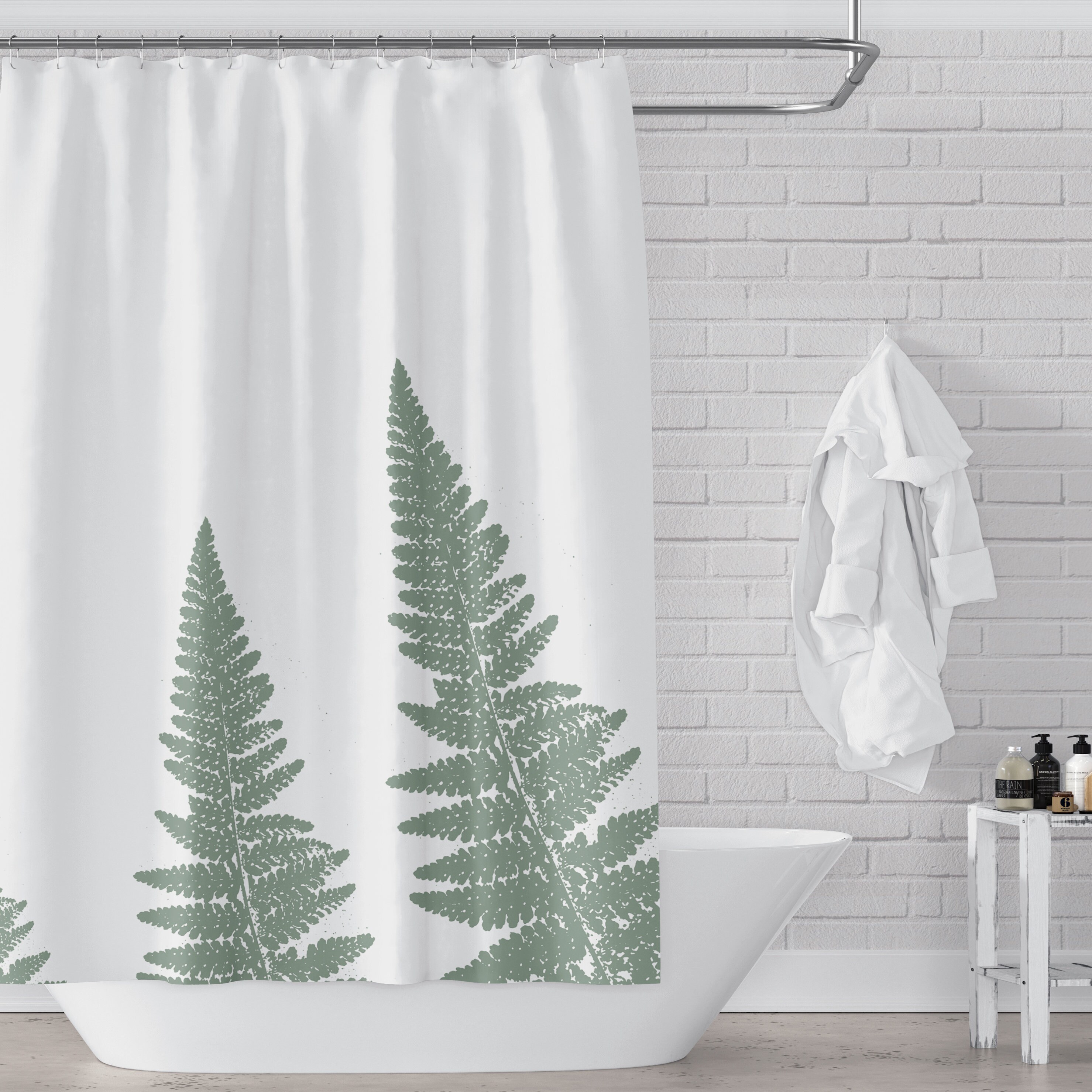 Refreshing Green Botanical Bath Shower Curtain With Woodland Ferns On White Background For Spa-Like Bathroom Decor