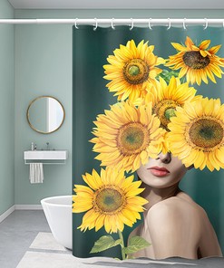 Refreshing Green Plant Sunflower Shower Curtain for American Blackout Bathroom Decor