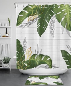Refreshing Greenery with Monstera and Palm Leaf Shower Curtain on Wooden Board 