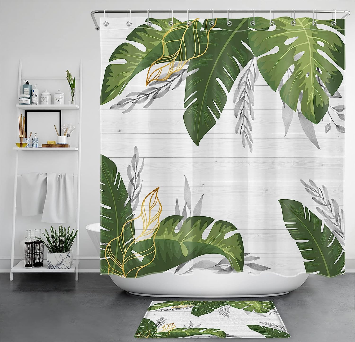 Refreshing Greenery with Monstera and Palm Leaf Shower Curtain on Wooden Board