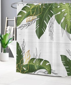 Refreshing Greenery with Monstera and Palm Leaf Shower Curtain on Wooden Board
