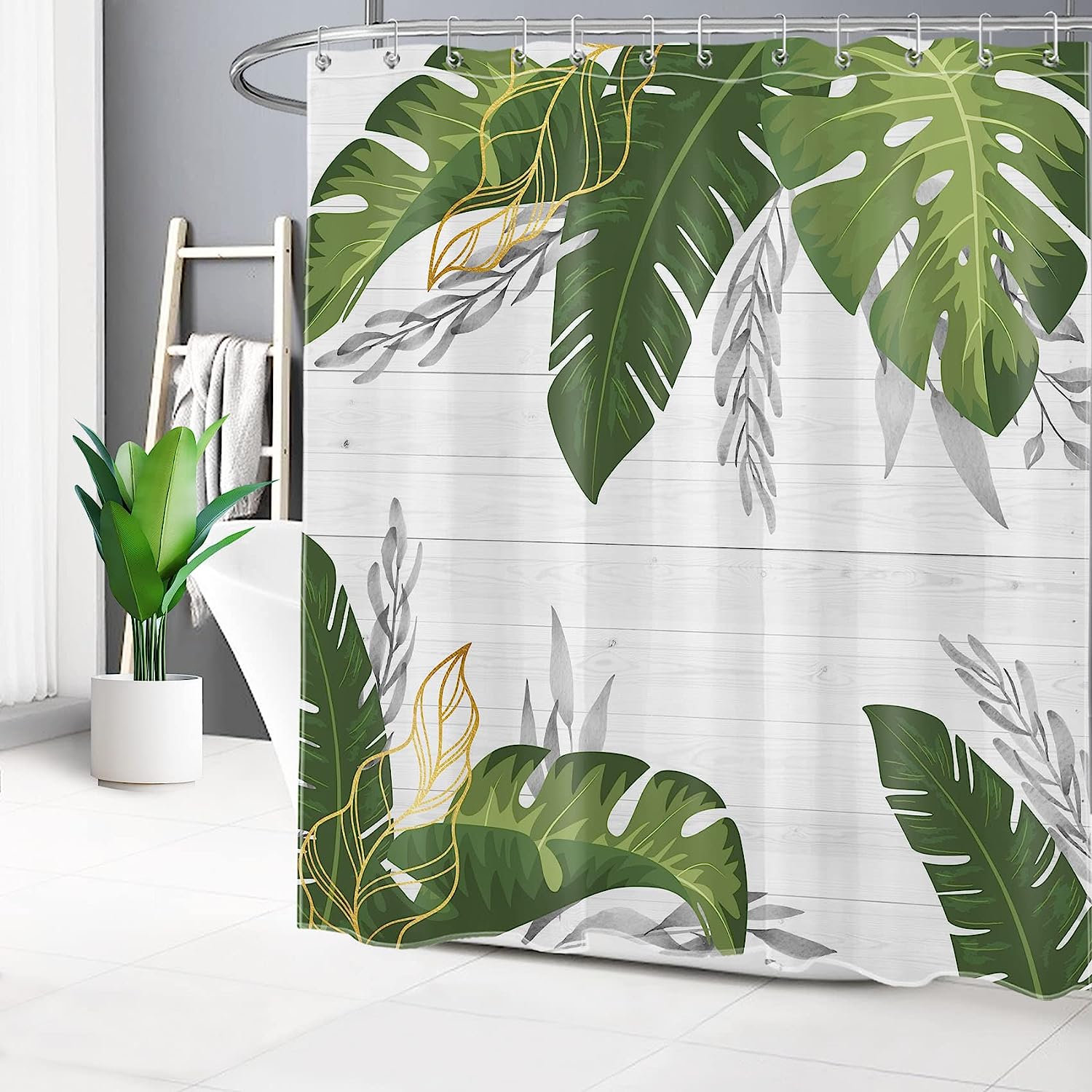 Refreshing Greenery with Monstera and Palm Leaf Shower Curtain on Wooden Board