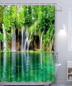 Refreshing Lagoon And Waterfall Nature Shower And Curtain Set For Invigorating Bathroom Decor