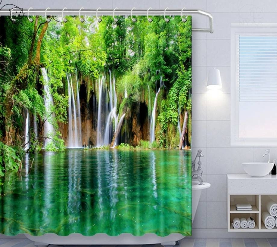 Refreshing Lagoon And Waterfall Nature Shower And Curtain Set For Invigorating Bathroom Decor