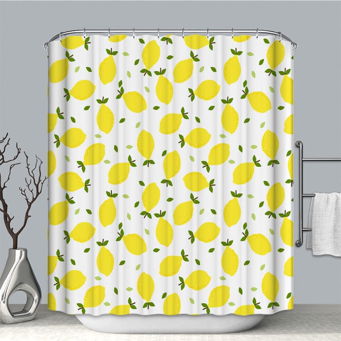 Refreshing Lemon Leaves Shower Curtain With Yellow Lemons Print For Clean Bathroom Decor