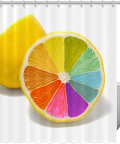 Refreshing Lemon Shower Curtain with Rainbow Design for a Summery Bathroom Vibe