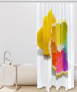 Refreshing Lemon Shower Curtain with Rainbow Design for a Summery Bathroom Vibe