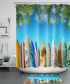 Refreshing Tropical Beach Shower Curtain with Surfboard and Green Palm Leaves Bathroom Accessory 