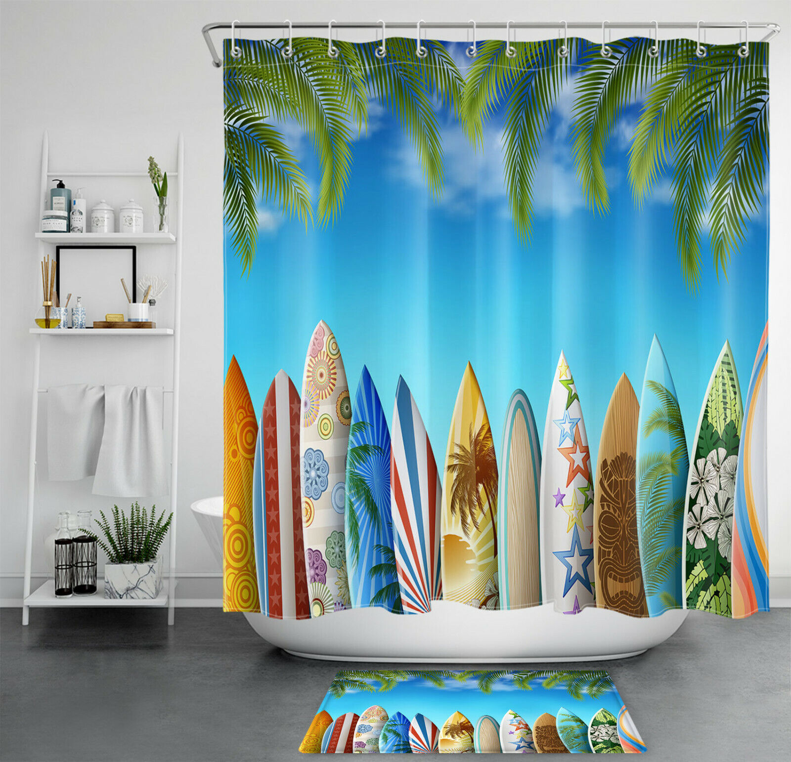 Refreshing Tropical Beach Shower Curtain with Surfboard and Green Palm Leaves Bathroom Accessory