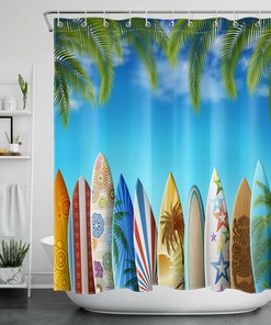 Refreshing Tropical Beach Shower Curtain with Surfboard and Green Palm Leaves Bathroom Accessory