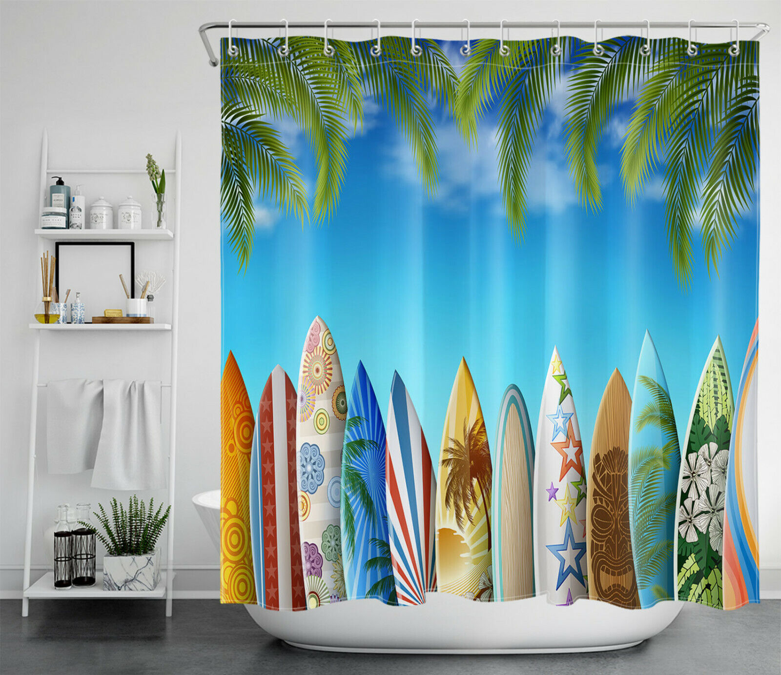 Refreshing Tropical Beach Shower Curtain with Surfboard and Green Palm Leaves Bathroom Accessory