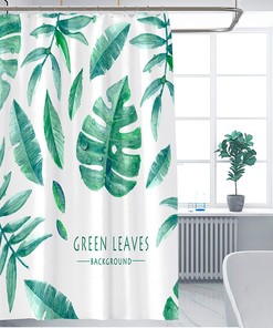 Refreshing Tropical Shower Curtain With Watercolor Leaf Print And Green Leaves For Your Bathroom 