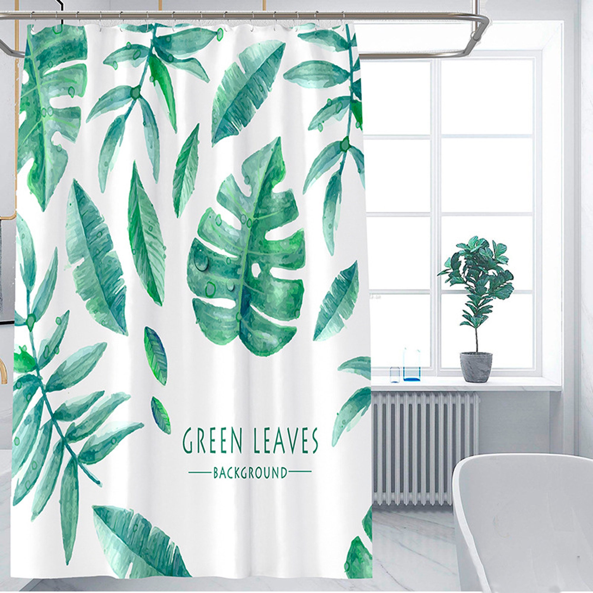 Refreshing Tropical Shower Curtain With Watercolor Leaf Print And Green Leaves For Your Bathroom