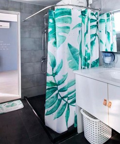 Refreshing Tropical Shower Curtain With Watercolor Leaf Print And Green Leaves For Your Bathroom