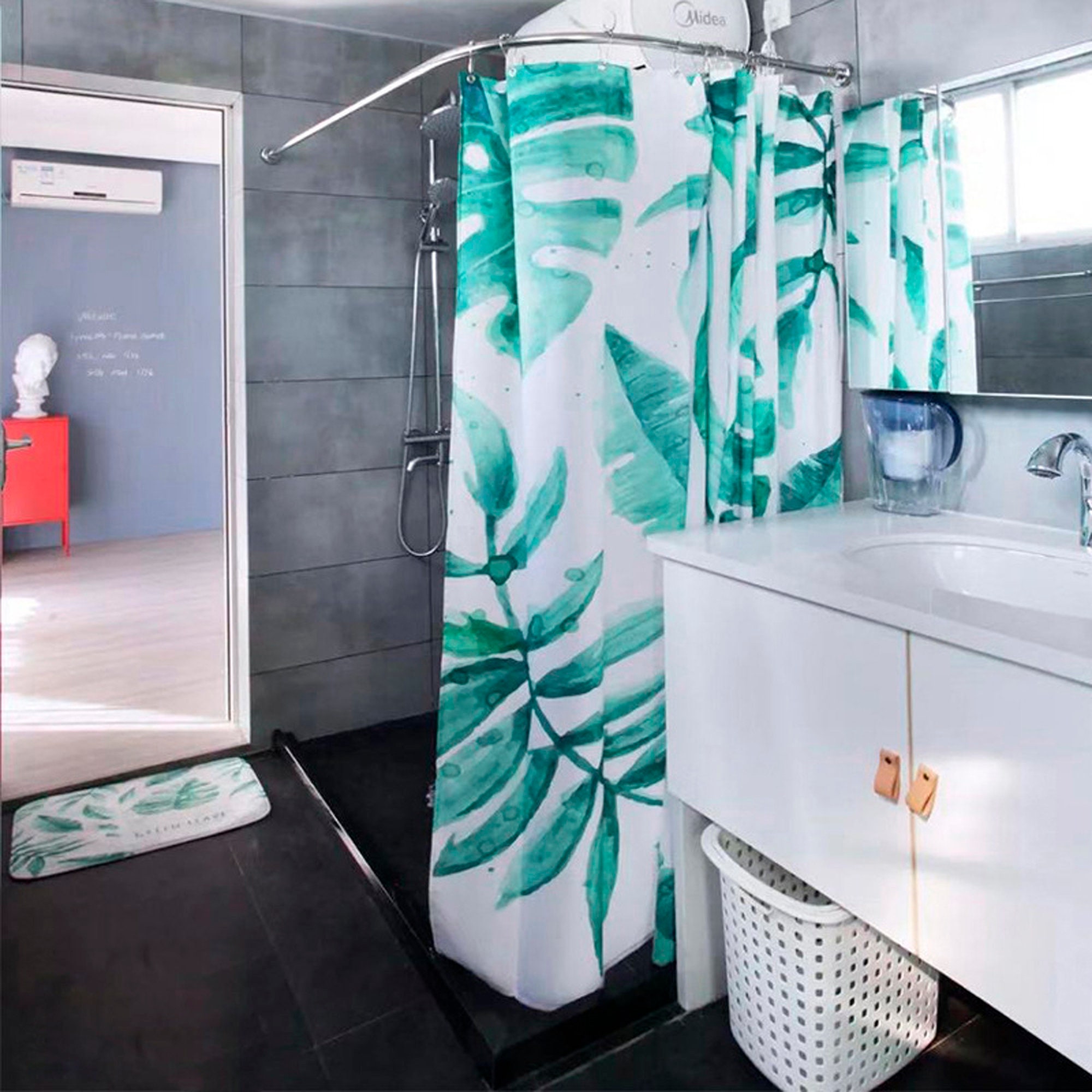 Refreshing Tropical Shower Curtain With Watercolor Leaf Print And Green Leaves For Your Bathroom