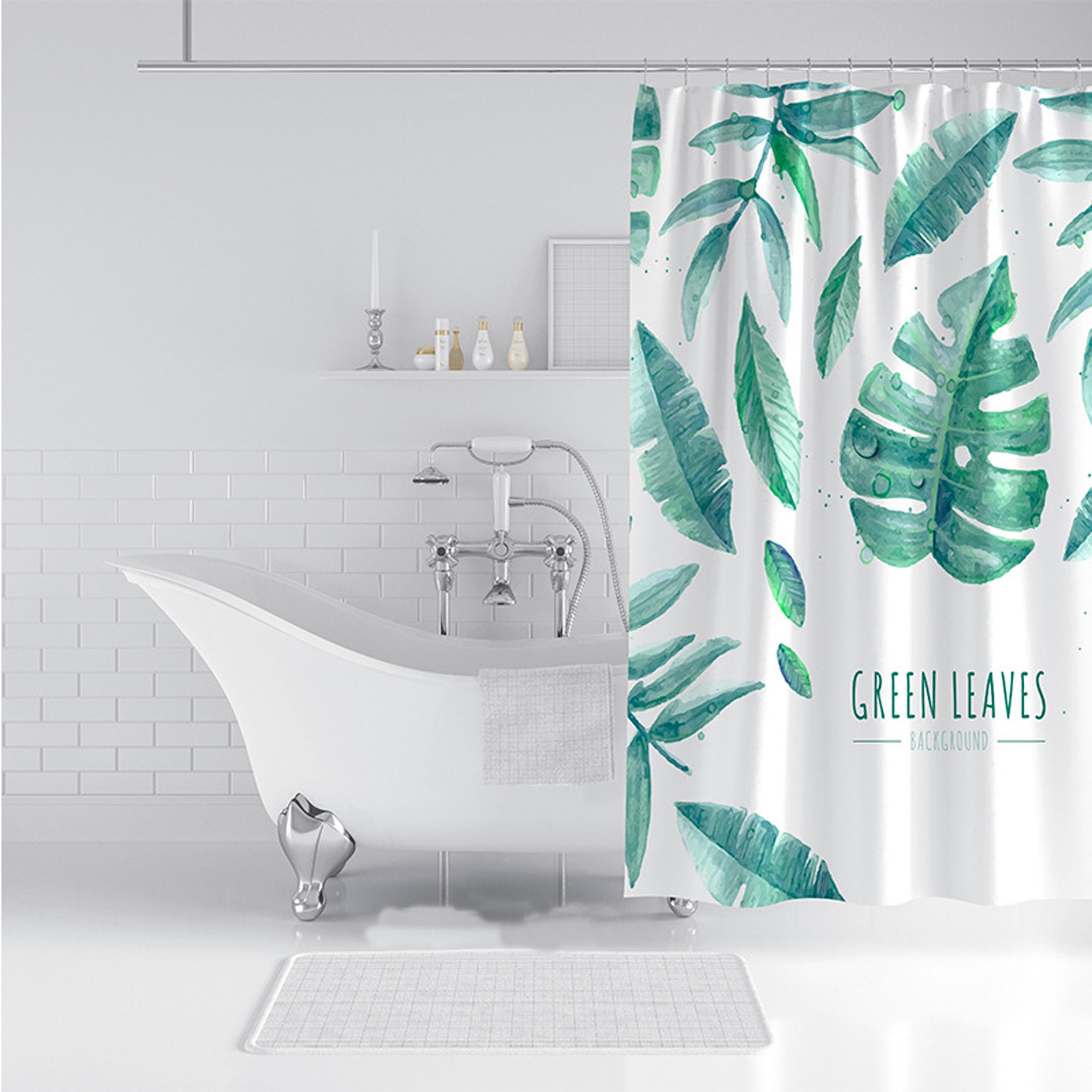 Refreshing Tropical Shower Curtain With Watercolor Leaf Print And Green Leaves For Your Bathroom