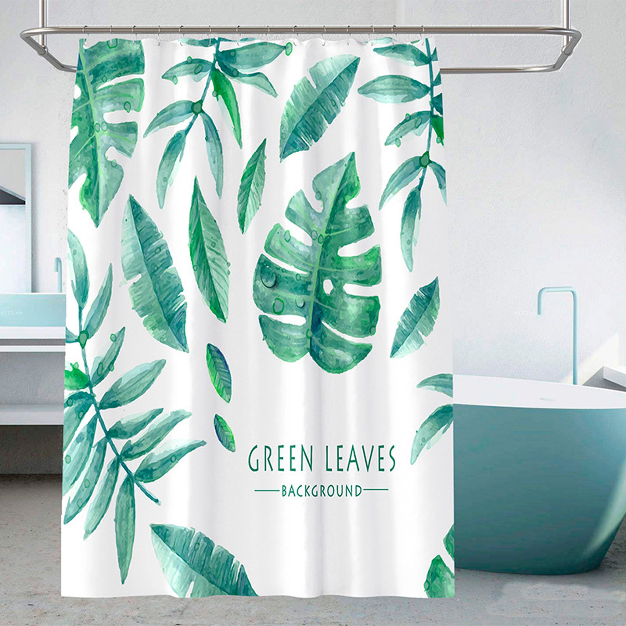 Refreshing Tropical Shower Curtain With Watercolor Leaf Print And Green Leaves For Your Bathroom