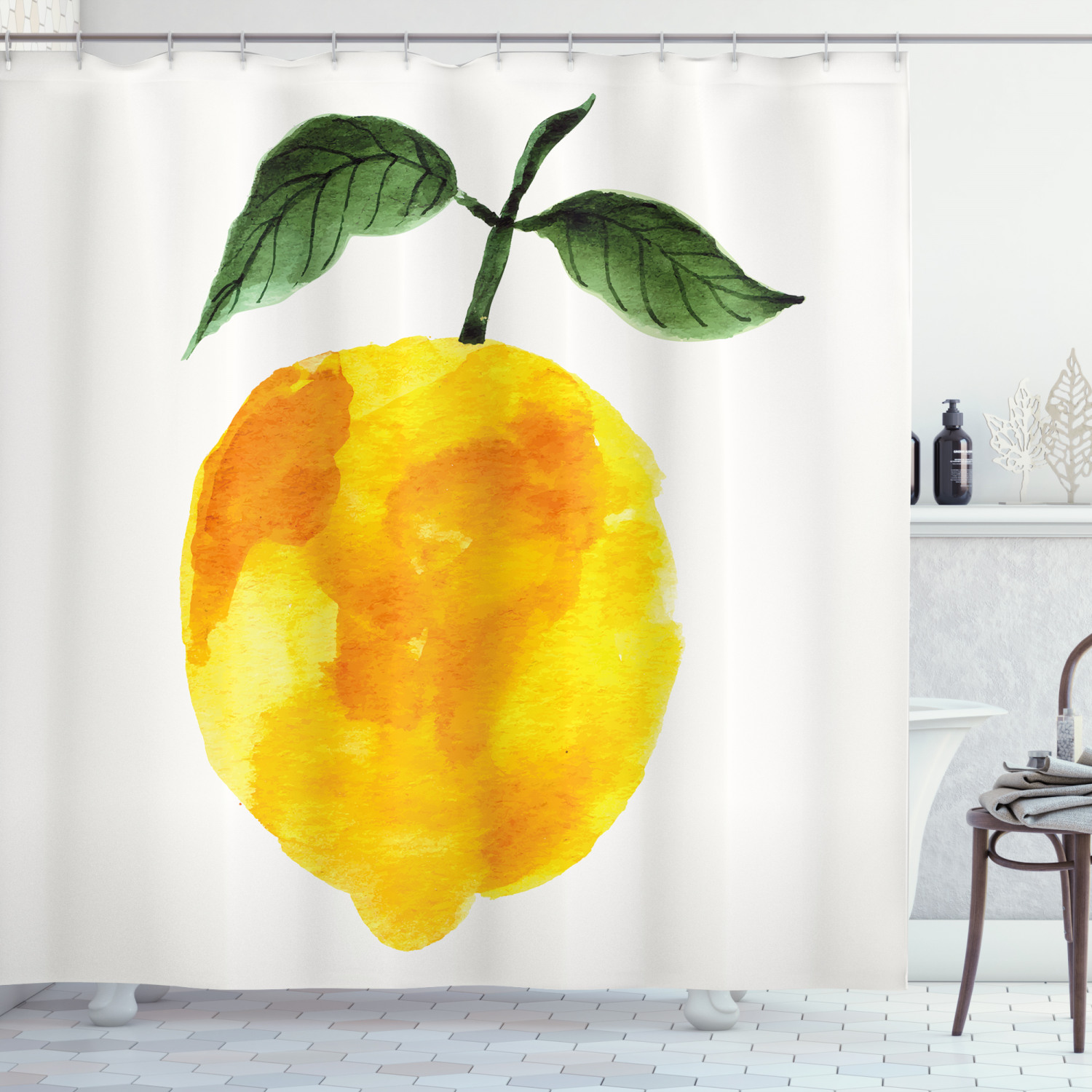 Refreshing Watercolor Lemon Print on Yellow Shower Curtain for Summer Bathroom Decor