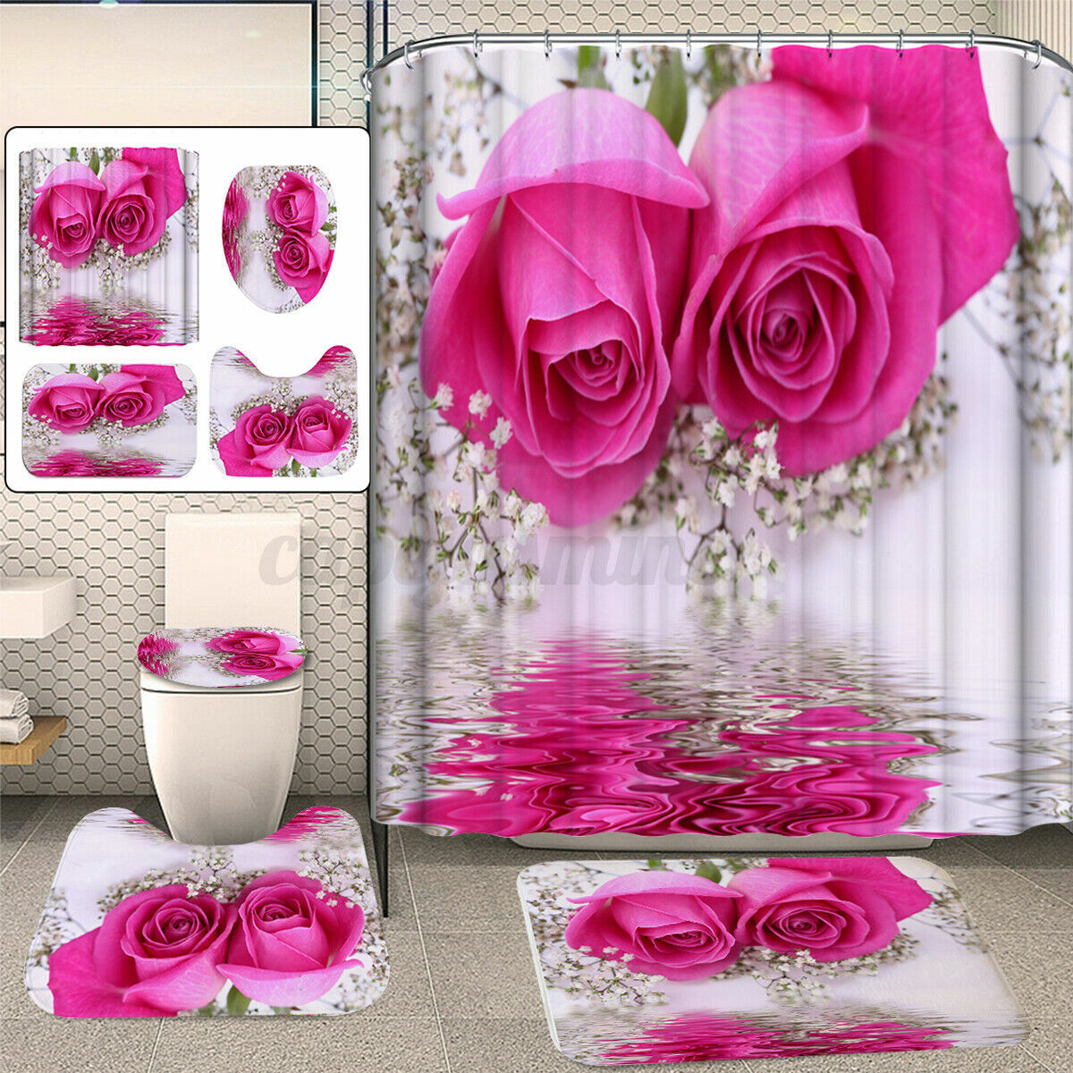 Refreshing Waterproof Pink Rose Shower Curtain for a Relaxing Bathroom