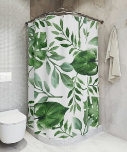 Refreshing White Shower Curtain with Green Monstera Leaf: Adds Natural Botanical Touch to Your Bathroom