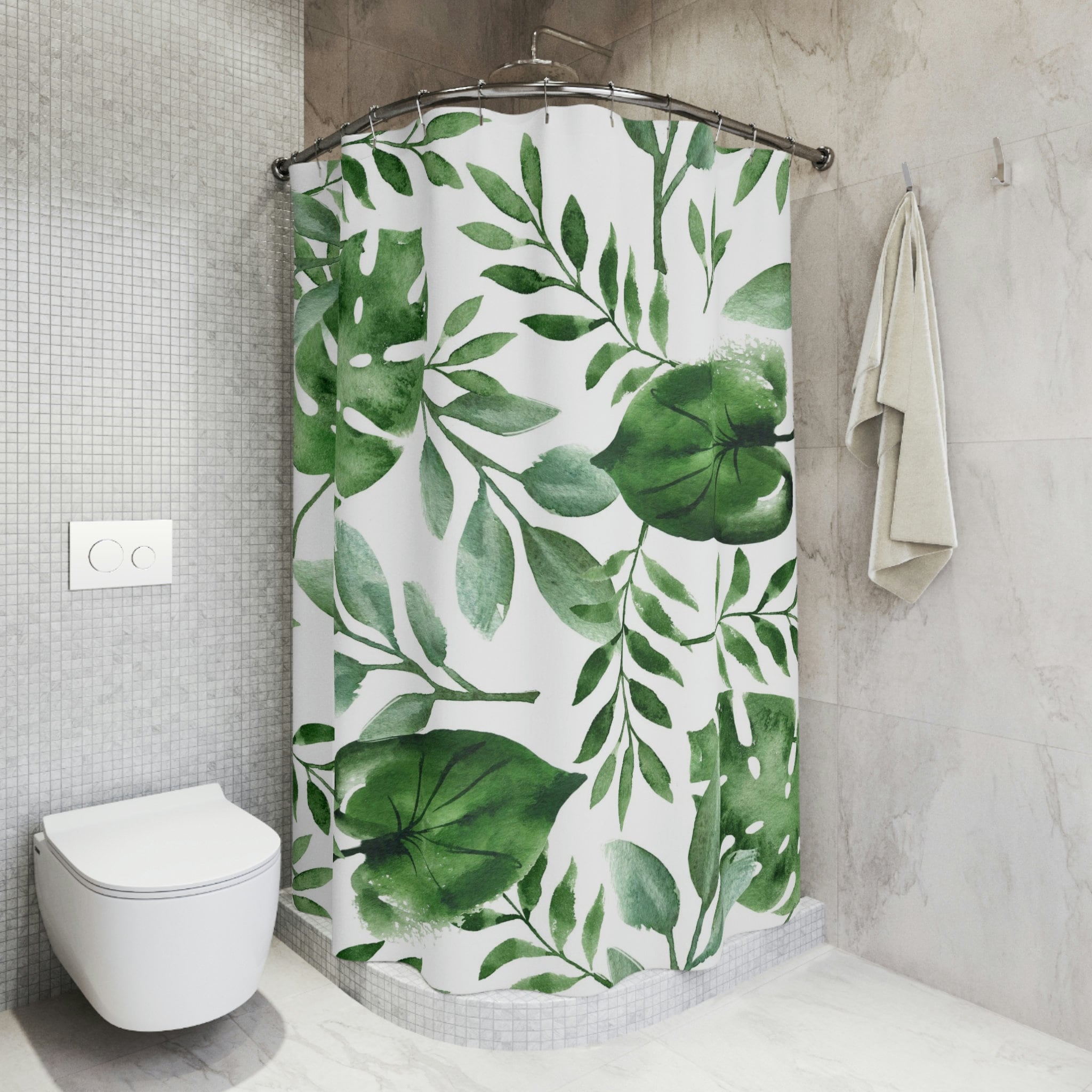 Refreshing White Shower Curtain with Green Monstera Leaf: Adds Natural Botanical Touch to Your Bathroom