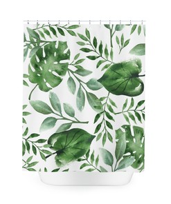 Refreshing White Shower Curtain with Green Monstera Leaf: Adds Natural Botanical Touch to Your Bathroom