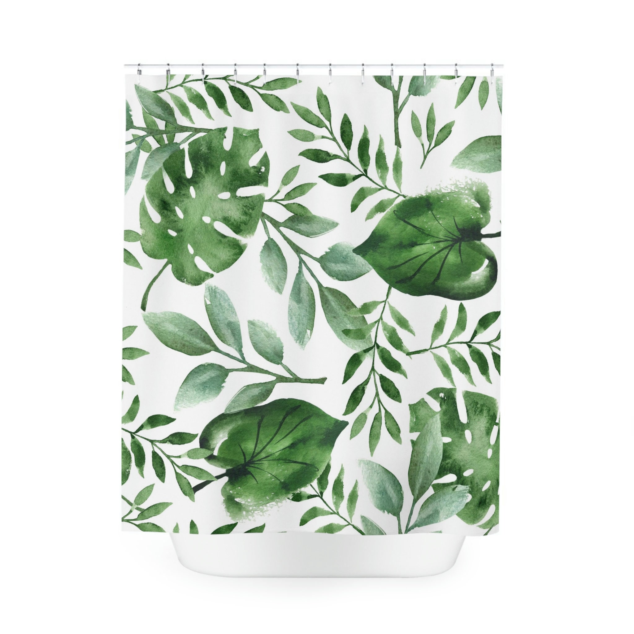 Refreshing White Shower Curtain with Green Monstera Leaf: Adds Natural Botanical Touch to Your Bathroom