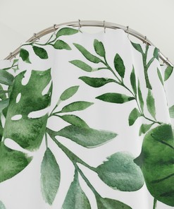 Refreshing White Shower Curtain with Green Monstera Leaf: Adds Natural Botanical Touch to Your Bathroom