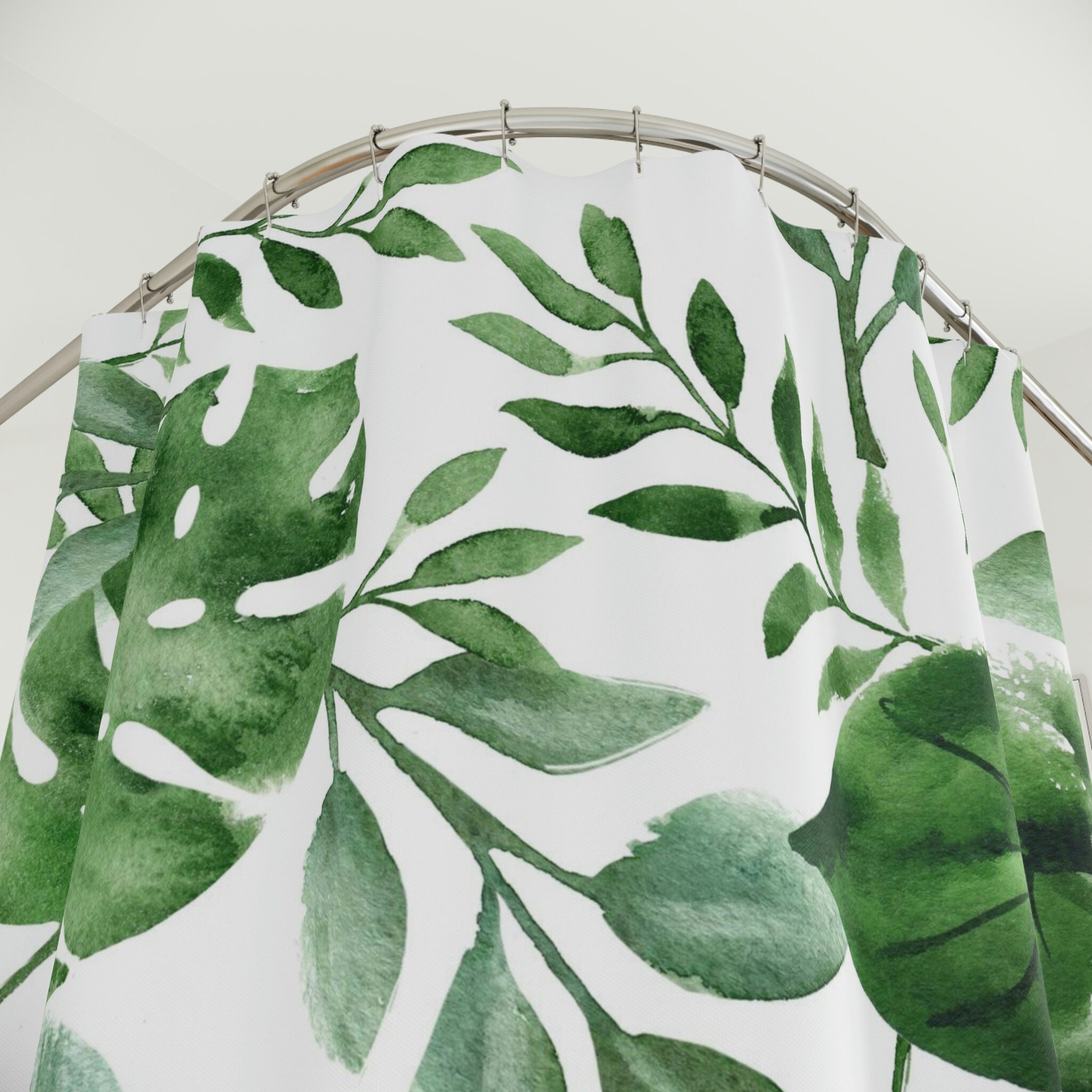 Refreshing White Shower Curtain with Green Monstera Leaf: Adds Natural Botanical Touch to Your Bathroom