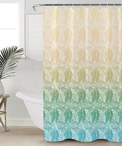 Refreshing Yellow Teal Ombre Shower Curtain with Tropical Plants for Summer Bathroom Decor 