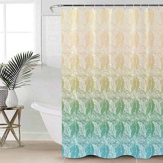 Refreshing Yellow Teal Ombre Shower Curtain with Tropical Plants for Summer Bathroom Decor