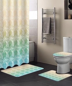 Refreshing Yellow Teal Ombre Shower Curtain with Tropical Plants for Summer Bathroom Decor