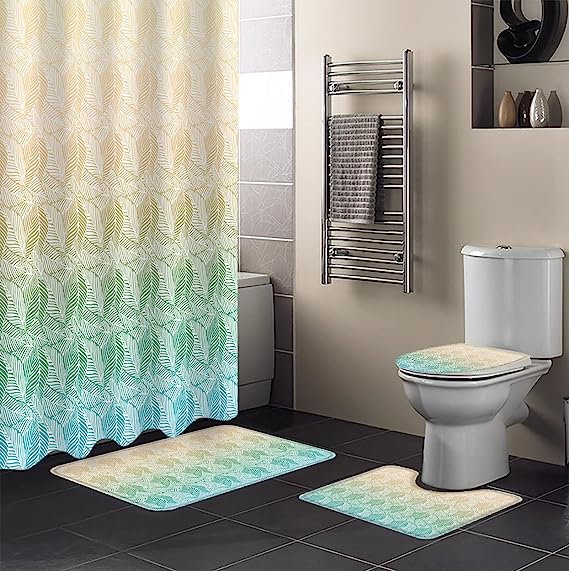 Refreshing Yellow Teal Ombre Shower Curtain with Tropical Plants for Summer Bathroom Decor
