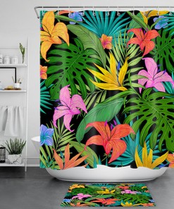 Refreshing and Invigorating Shower Curtain with Vibrant Flowers and Palm Leaves