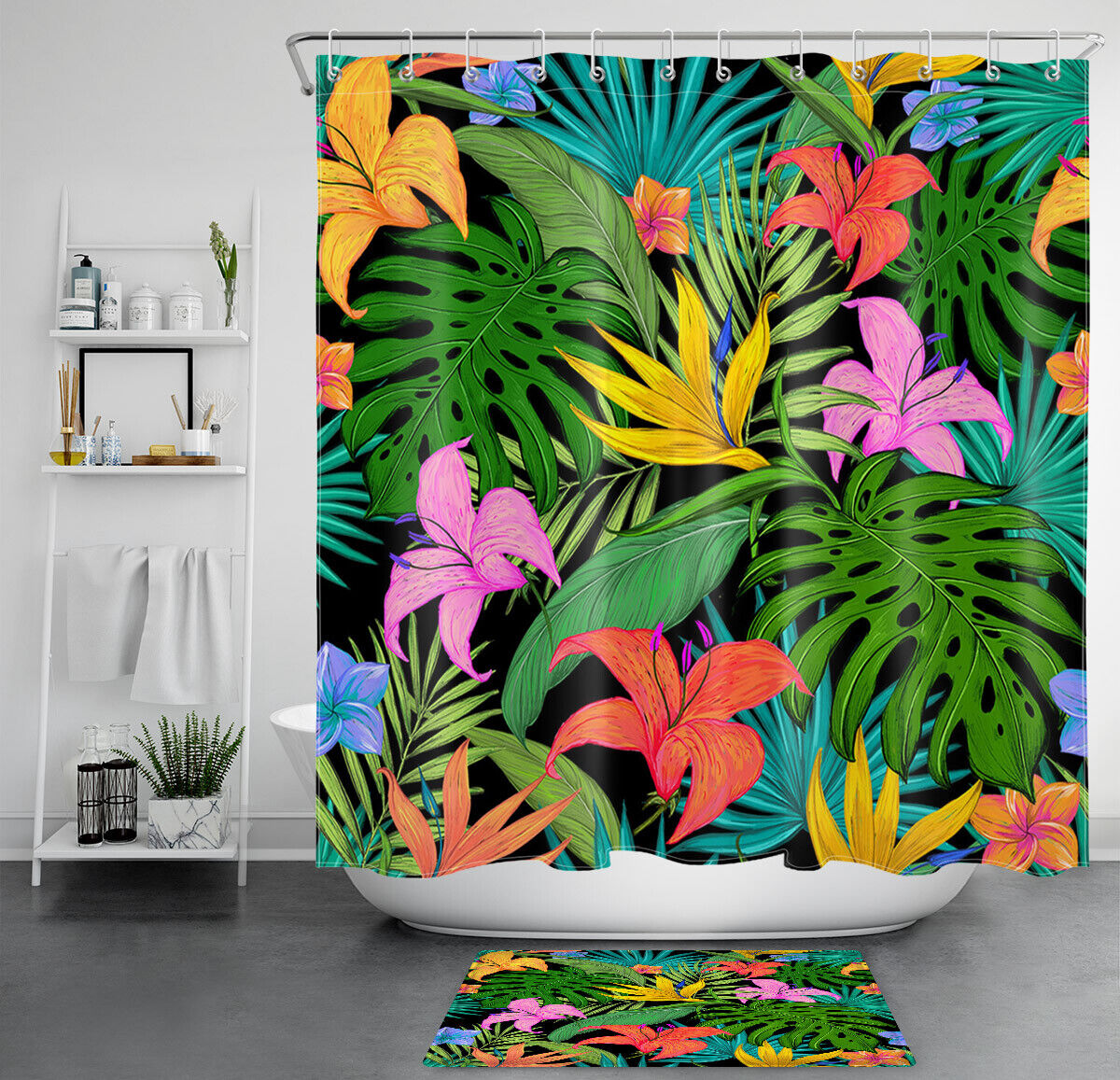 Refreshing and Invigorating Shower Curtain with Vibrant Flowers and Palm Leaves