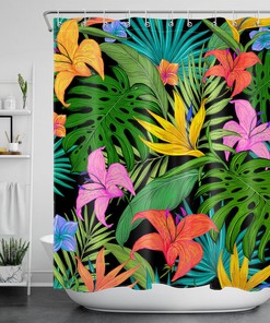 Refreshing and Invigorating Shower Curtain with Vibrant Flowers and Palm Leaves