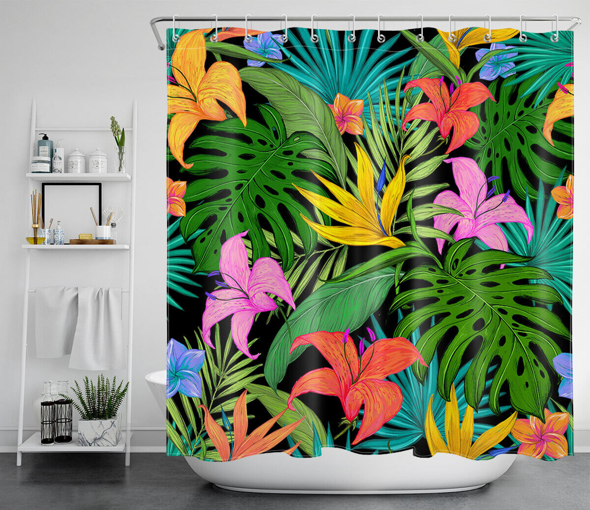 Refreshing and Invigorating Shower Curtain with Vibrant Flowers and Palm Leaves