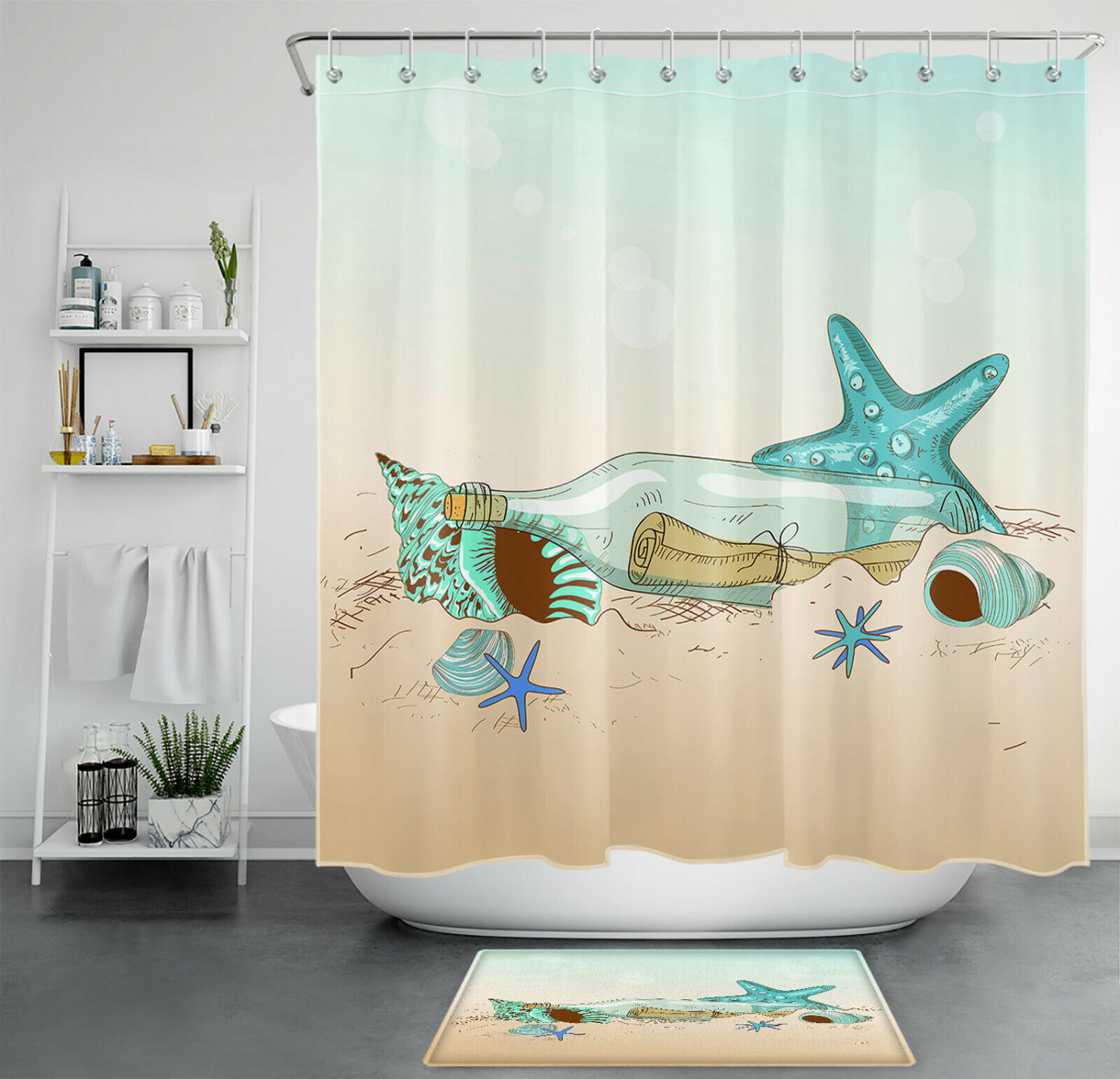 Refreshing and Unique Shower Curtain with Drift Bottle, Starfish, and Shell Design for a Perfect Bathroom Decor