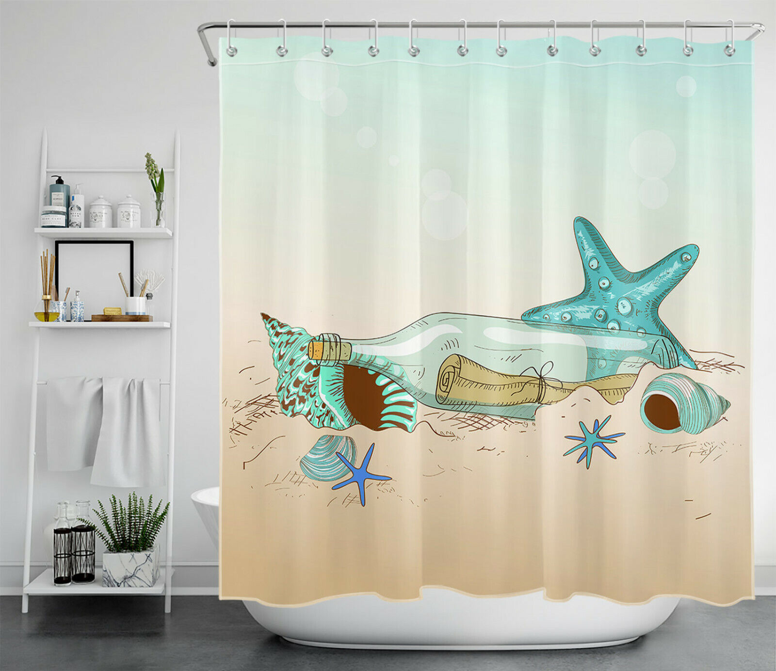 Refreshing and Unique Shower Curtain with Drift Bottle, Starfish, and Shell Design for a Perfect Bathroom Decor