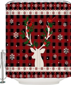 Reindeer And Cardinal Buffalo Plaid Shower Curtain For Xmas Decor