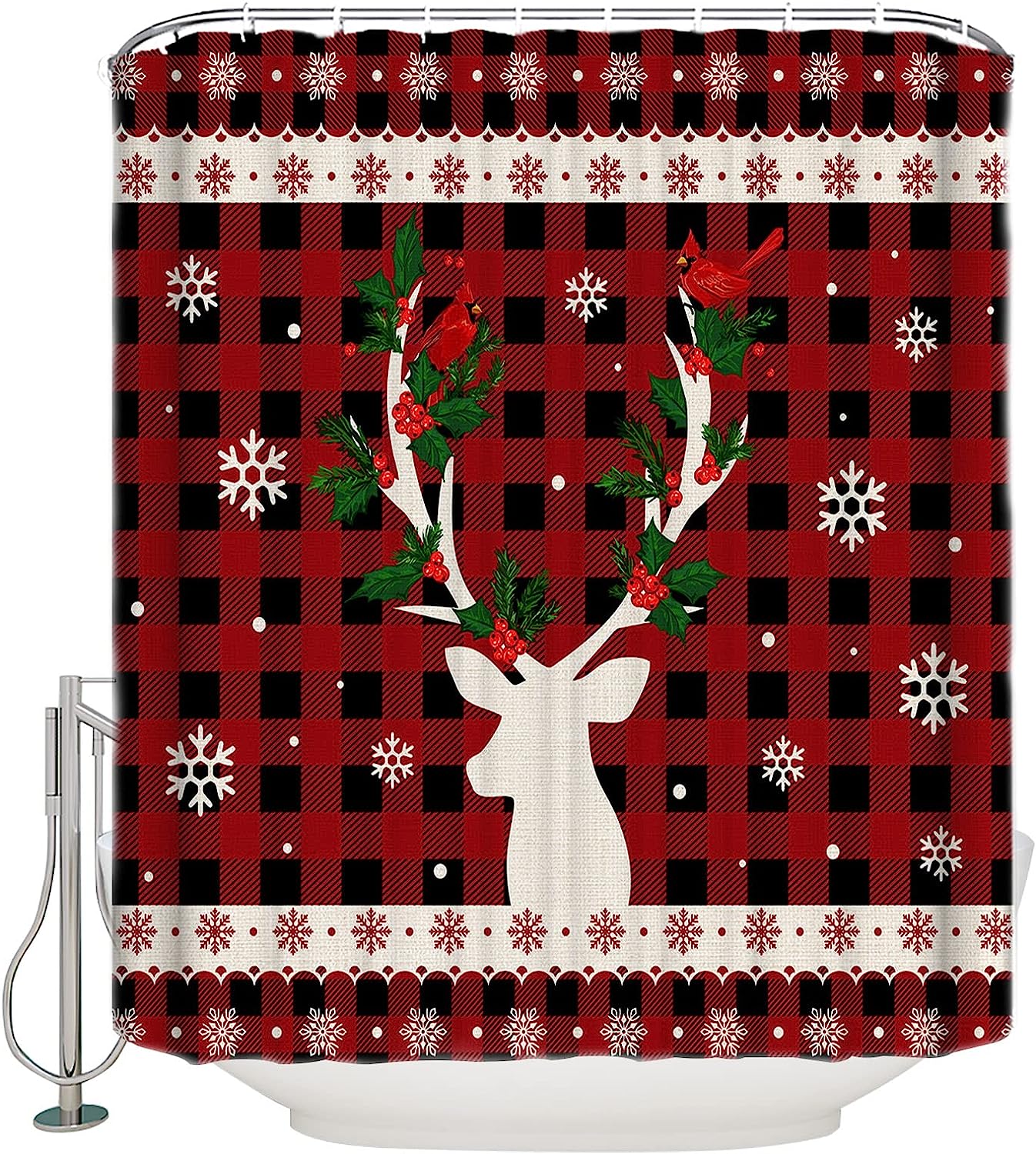 Reindeer And Cardinal Buffalo Plaid Shower Curtain For Xmas Decor