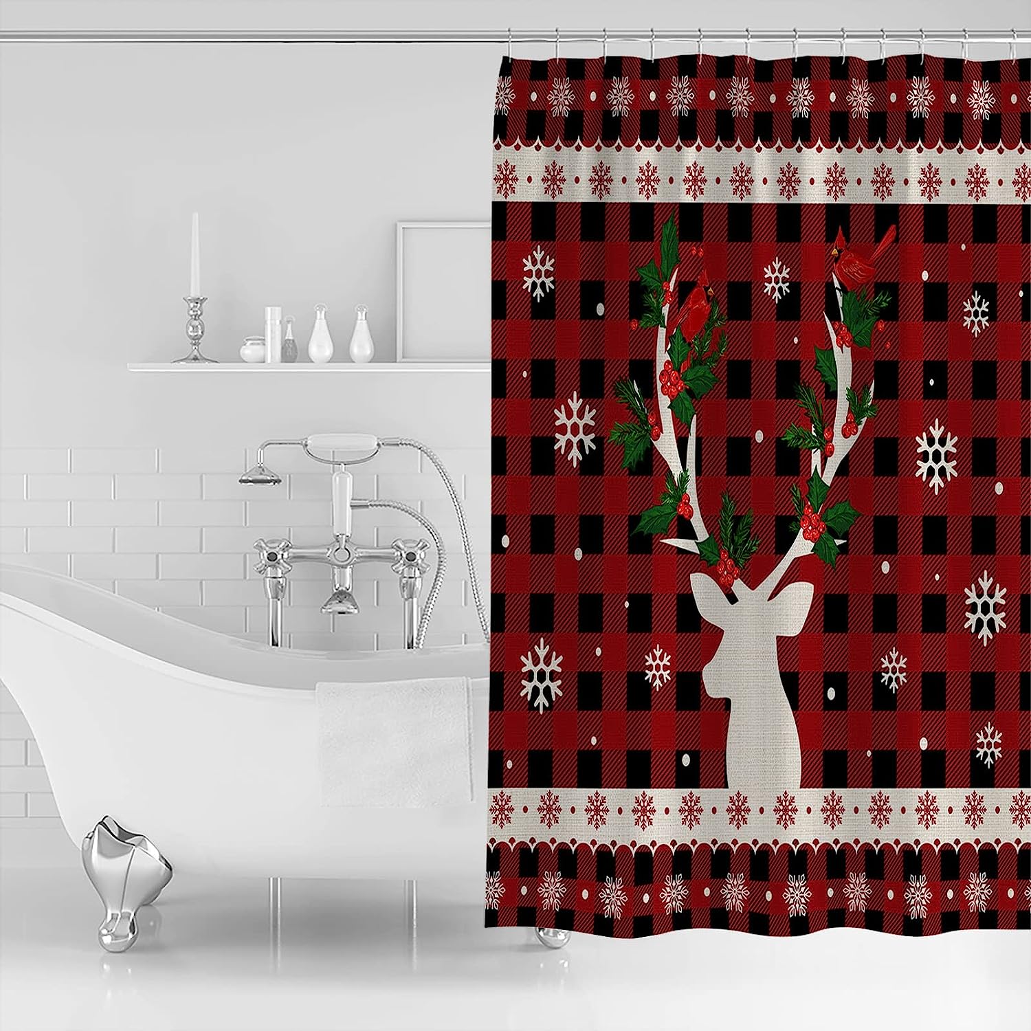 Reindeer And Cardinal Buffalo Plaid Shower Curtain For Xmas Decor - Image 2