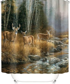 Reindeer Bathroom Curtain With Forest Deer Print - Waterproof Fabric Bathtub Curtain