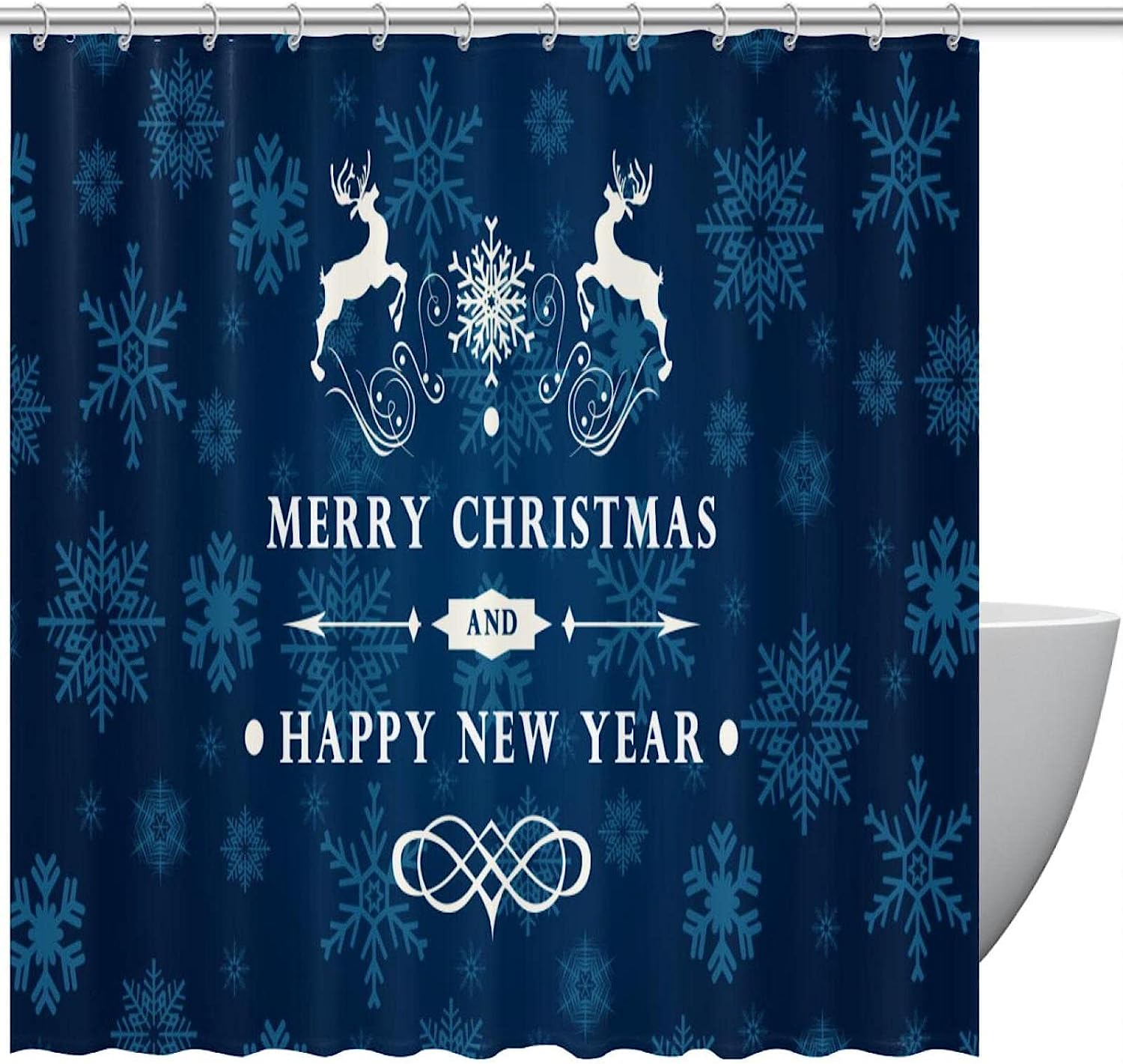 Reindeer Snowflakes Merry Christmas Fabric Shower Curtain for Bathroom Decor