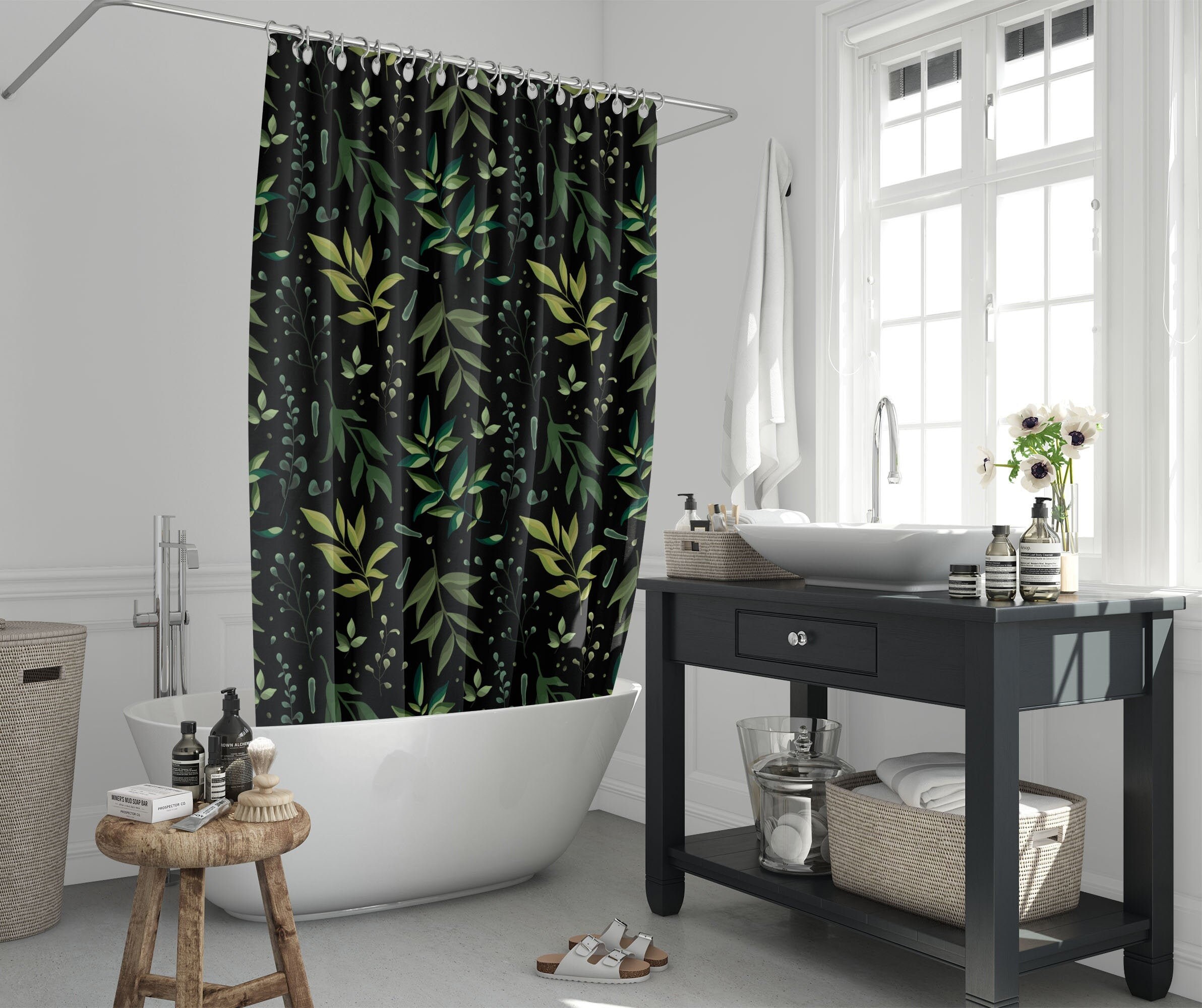 Relax In Style With This Dark Nature Shower Curtain With Green Leaves For Your Bathroom Decor, Waterproof And Natural