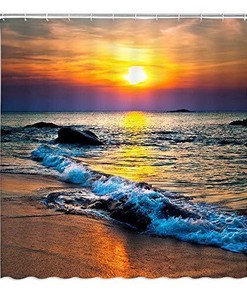 Relaxing Beach Theme Fabric Shower Curtain with Sunset, Tropical Ocean and Seaside Design